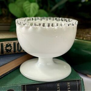 Vintage Fenton Milk Glass Silver Crest Clear Edge Bowl 4.5" Pedestal